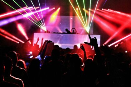 An image of a vibrant band performing live, energizing a large crowd at a party.