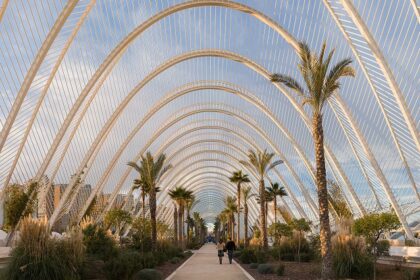 An ultrawide angle panoramic view along the inside of L'Umbracle–Valentine’s day in Spain